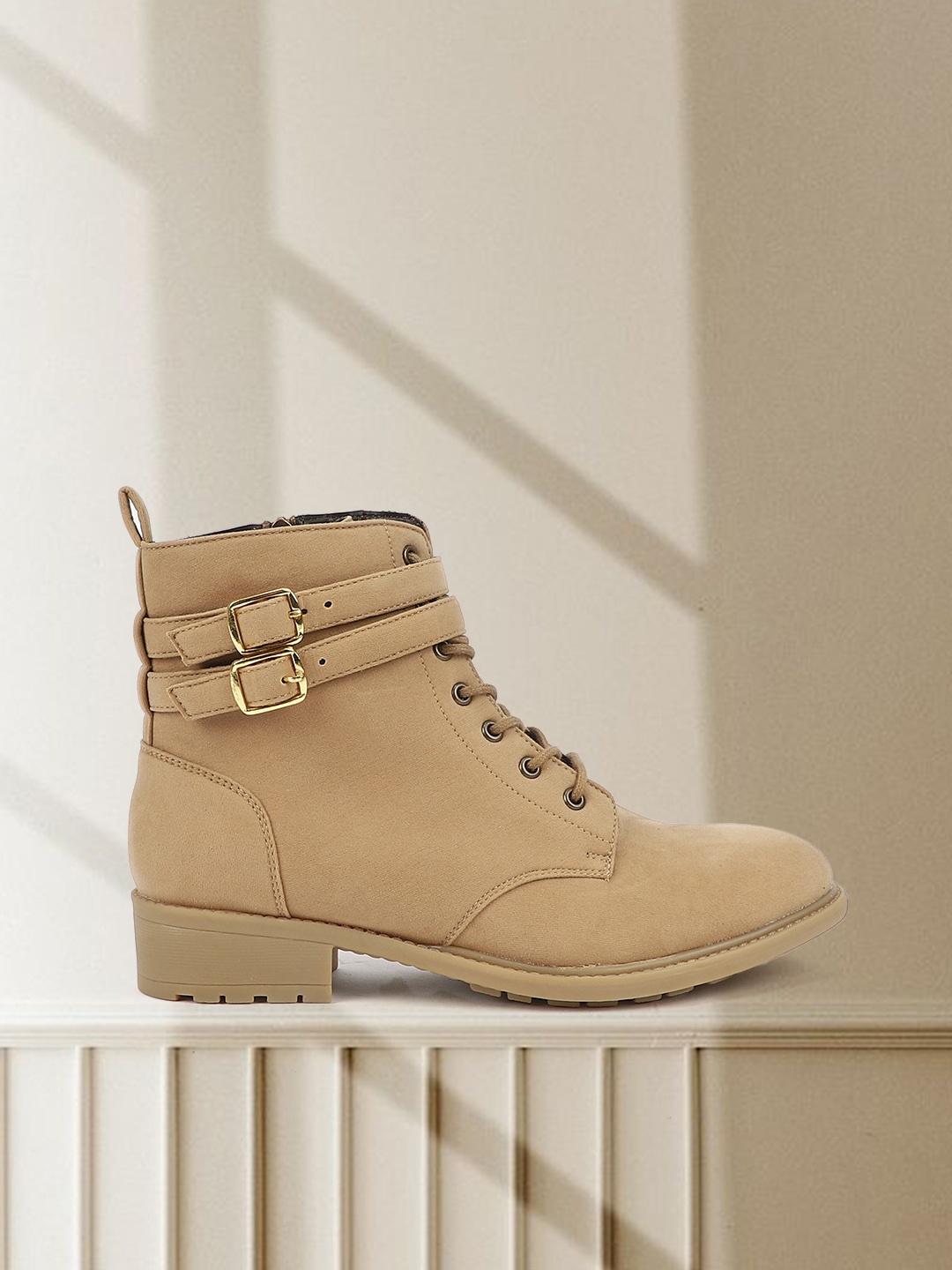 

Carlton London Women Mid Top Block-Heeled Regular Boots With Buckle Detail, Camel brown