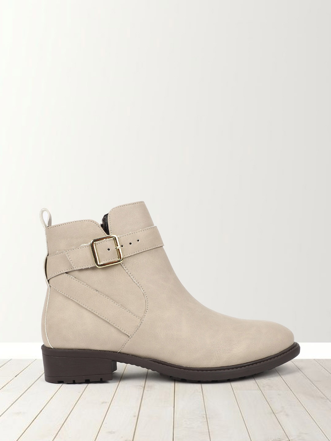 

Carlton London Women Mid Top Block Heel Regular Boots With Buckle Detail, Taupe