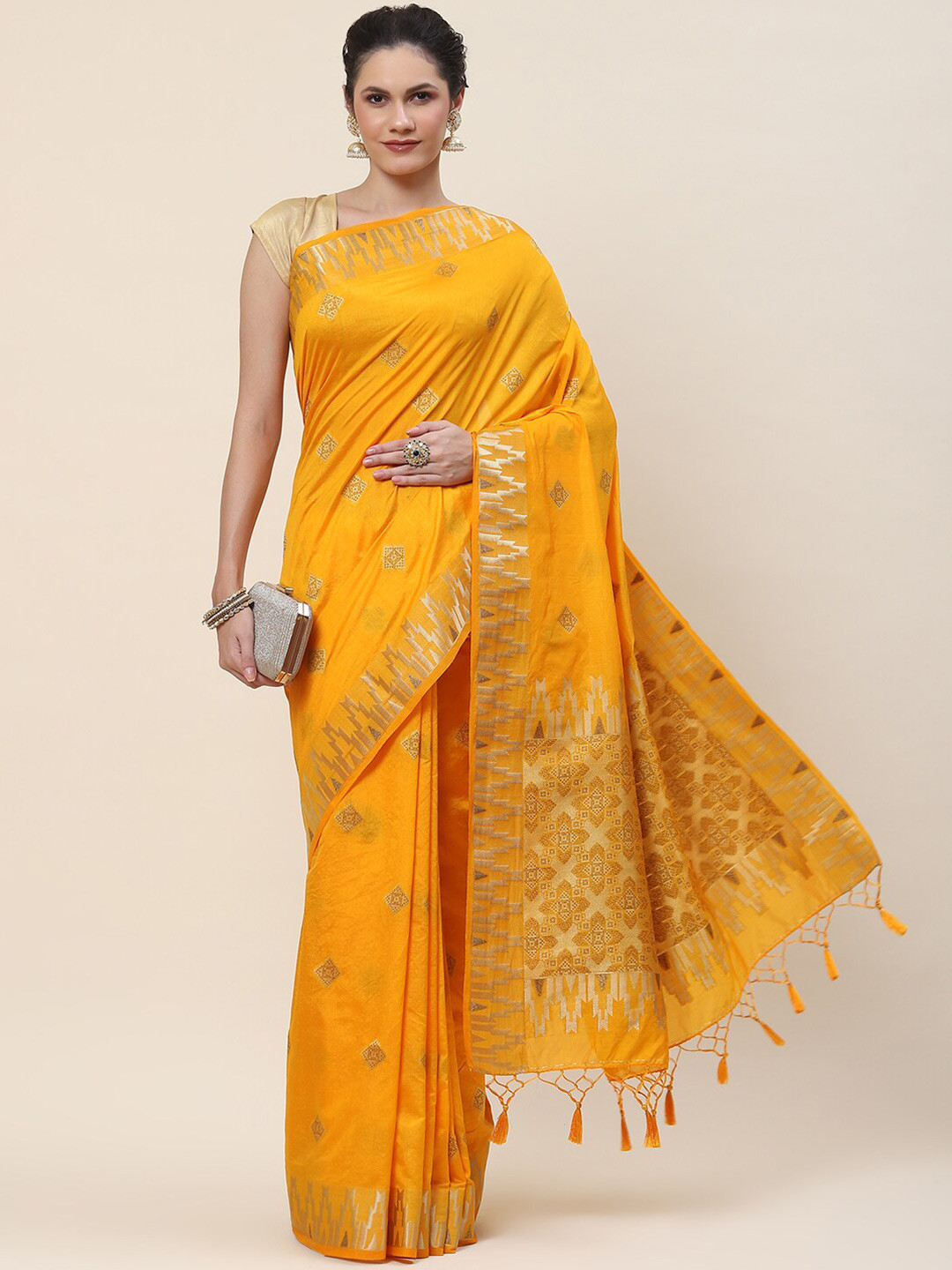 

Meena Bazaar Ethnic Motifs Woven Design Art Silk Saree, Mustard