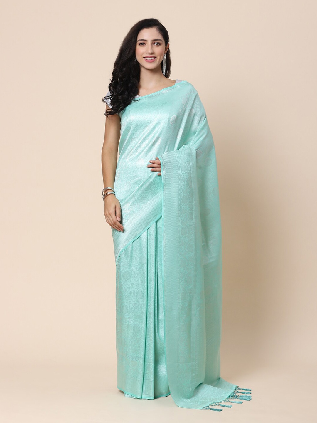 

Meena Bazaar Woven Design Zari Saree, Sea green