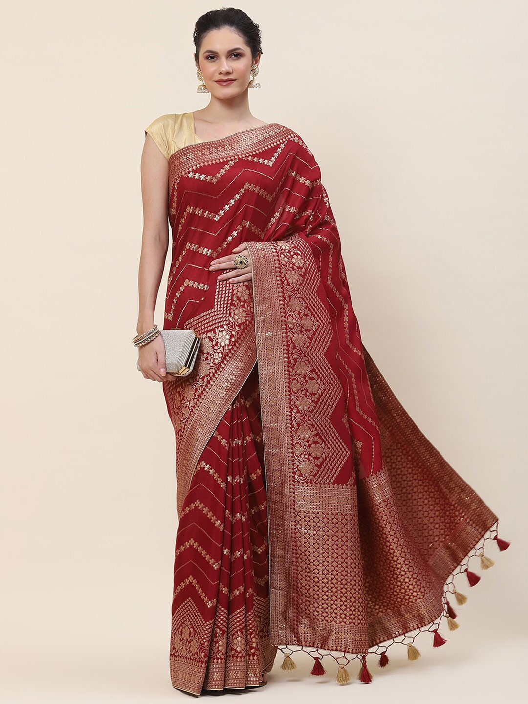 

Meena Bazaar Woven Design Zari Saree, Maroon