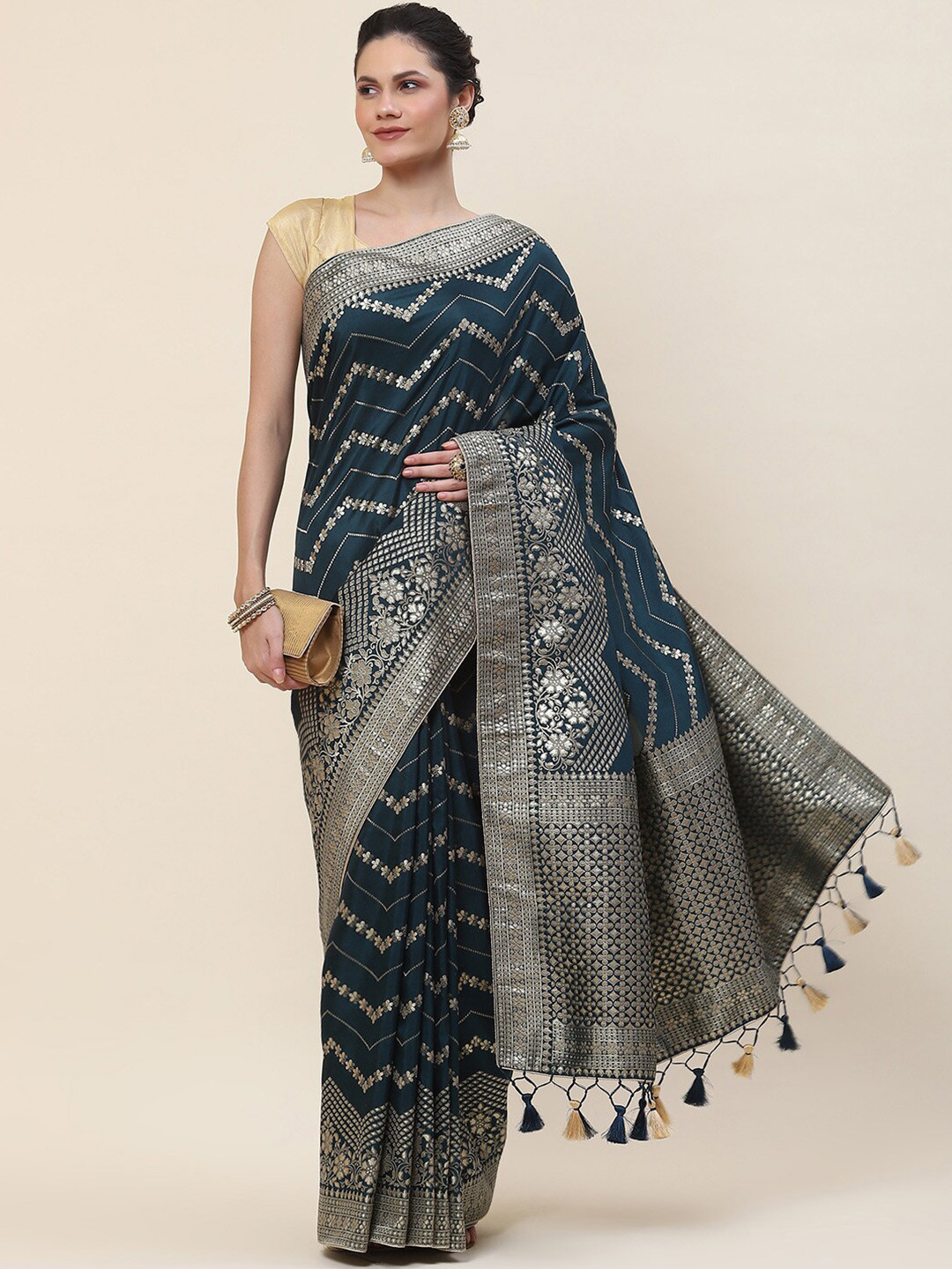 

Meena Bazaar Ethnic Motifs Woven Design Art Silk Saree, Blue