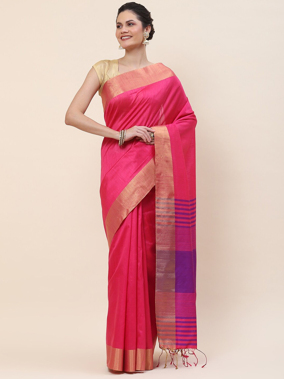 

Meena Bazaar Zari Art Silk Saree, Pink
