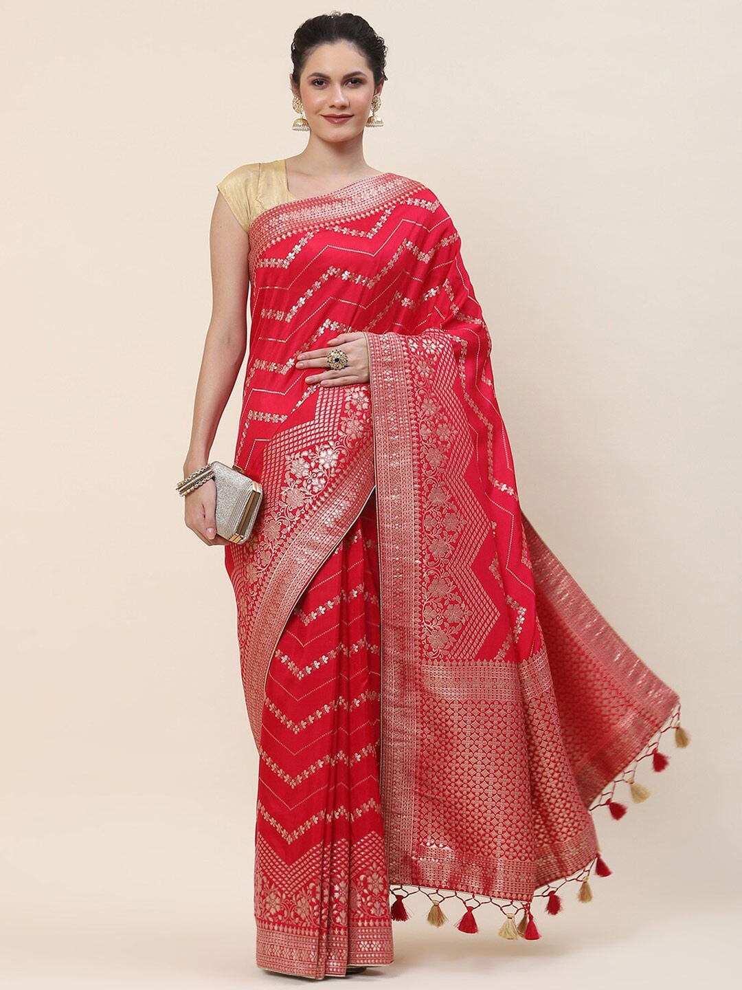 

Meena Bazaar Woven Design Zari Saree, Pink