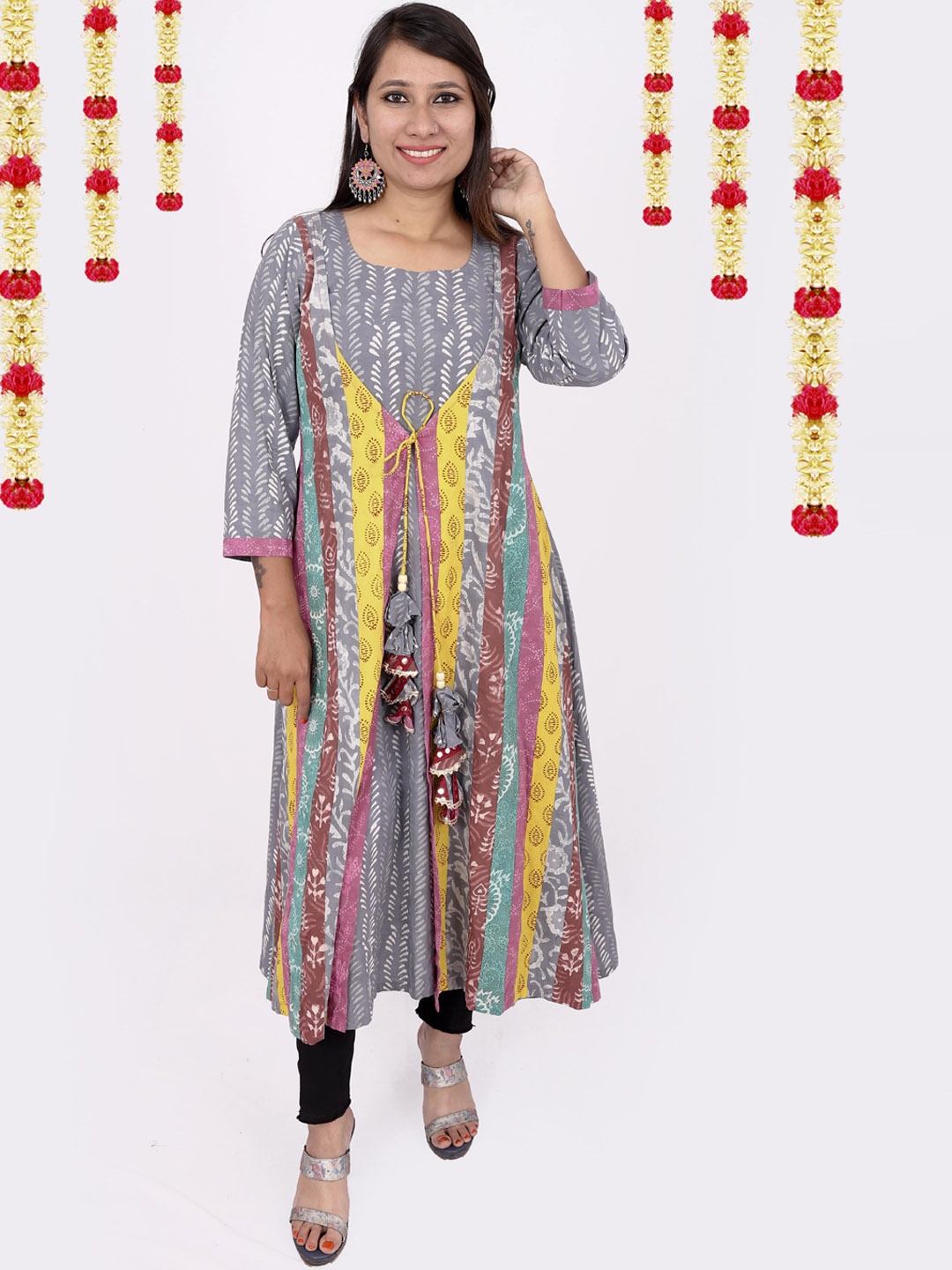 

WEAVERS SAGA Floral Printed Jacket Style Anarkali Kurta, Grey