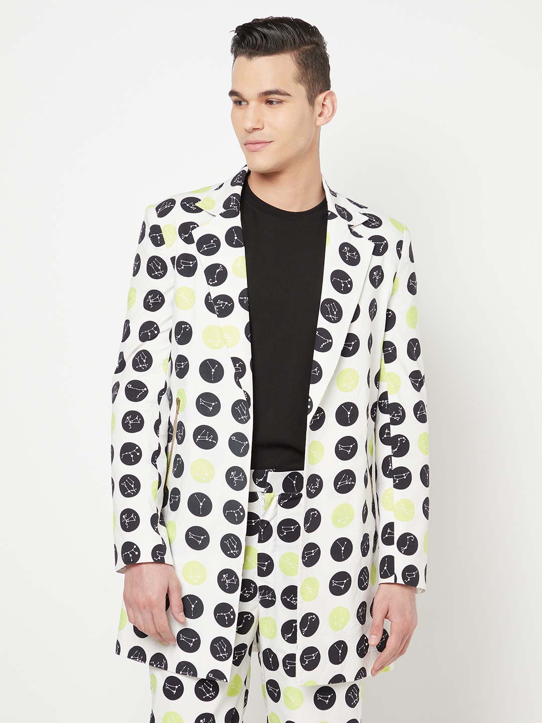 

Crimsoune Club Geometric Printed Notched Lapel Longline Open Front Blazer, White