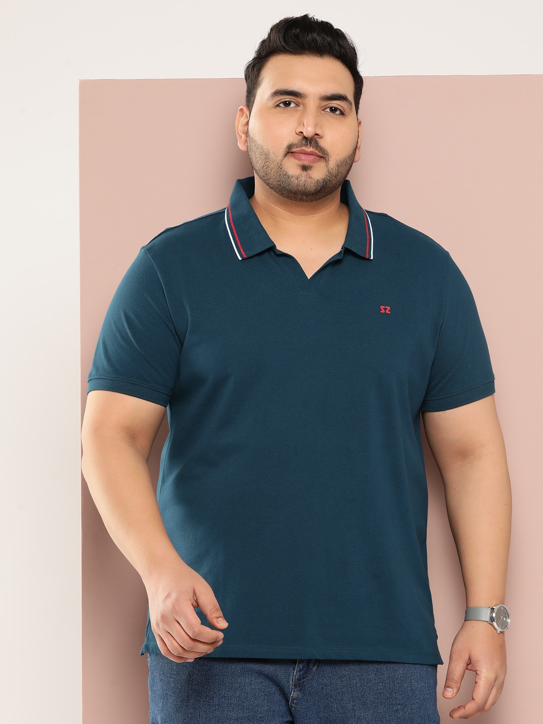 

Sztori Men Plus Size Solid Polo Collar T-shirt, Teal