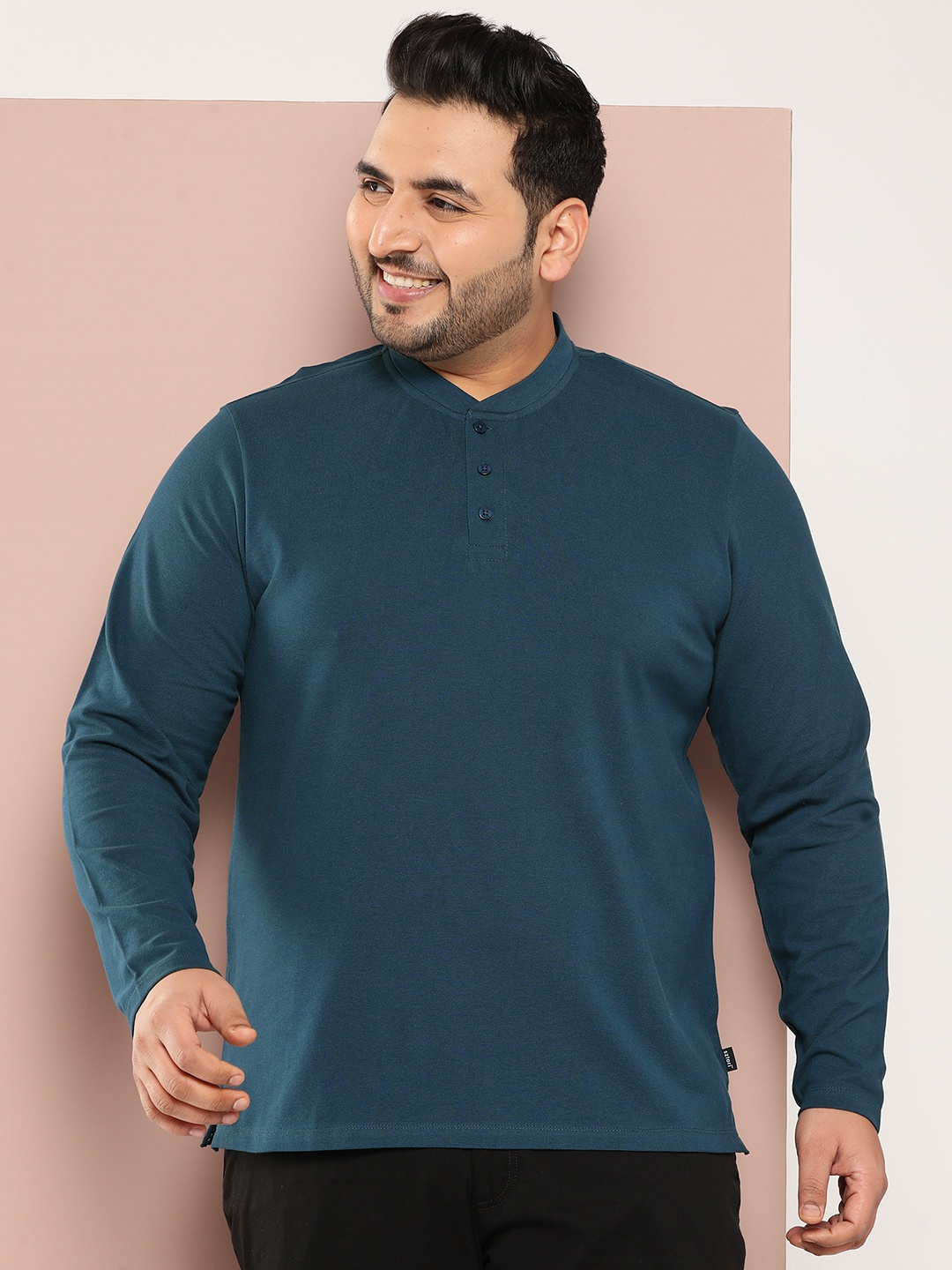 

Sztori Men Plus Size Solid Henley Neck T-shirt, Teal