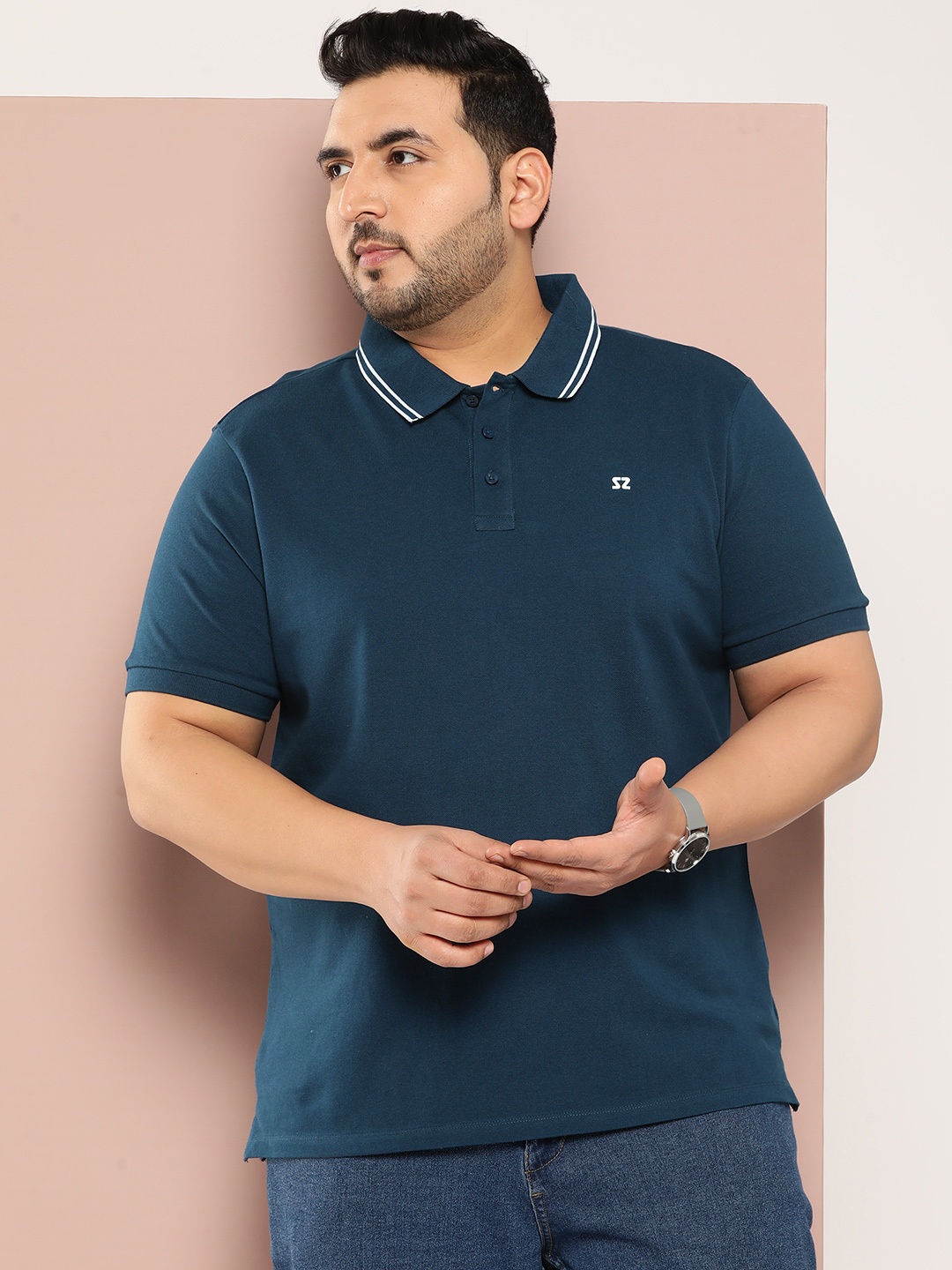 

Sztori Men Plus Size Solid Polo Collar T-shirt, Navy blue