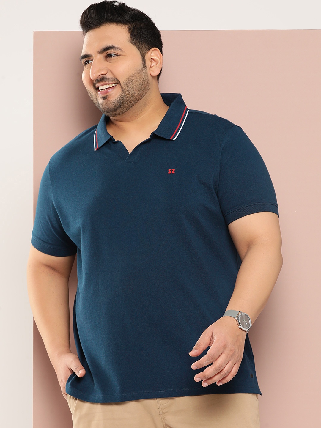 

Sztori Men Plus Size Solid Polo Collar T-shirt, Navy blue