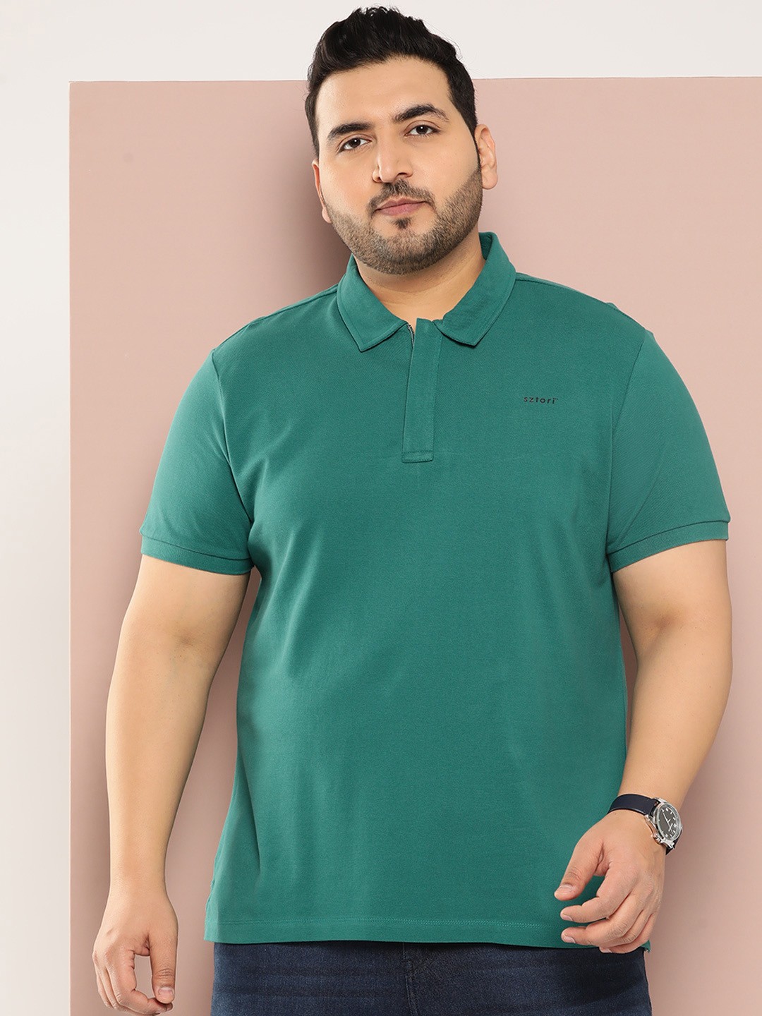 

Sztori Men Plus Size Solid Polo Collar T-shirt, Green