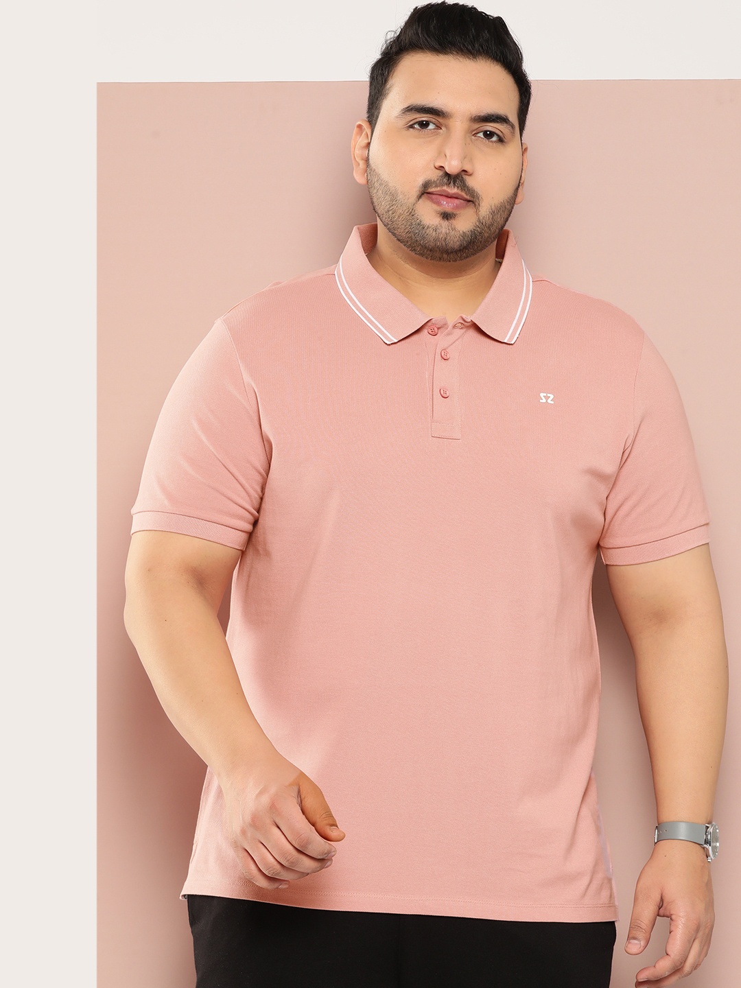 

Sztori Men Plus Size Solid Polo Collar T-shirt, Beige