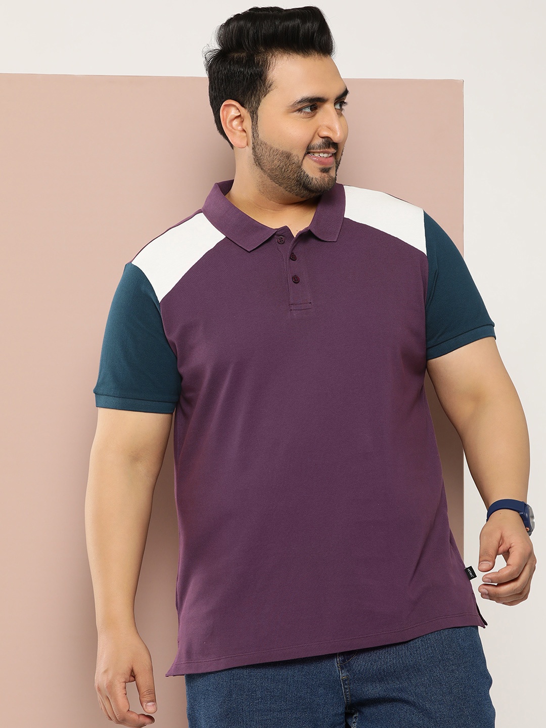 

Sztori Men Plus Size Colourblocked Polo Collar Relaxed Fit T-shirt, Purple