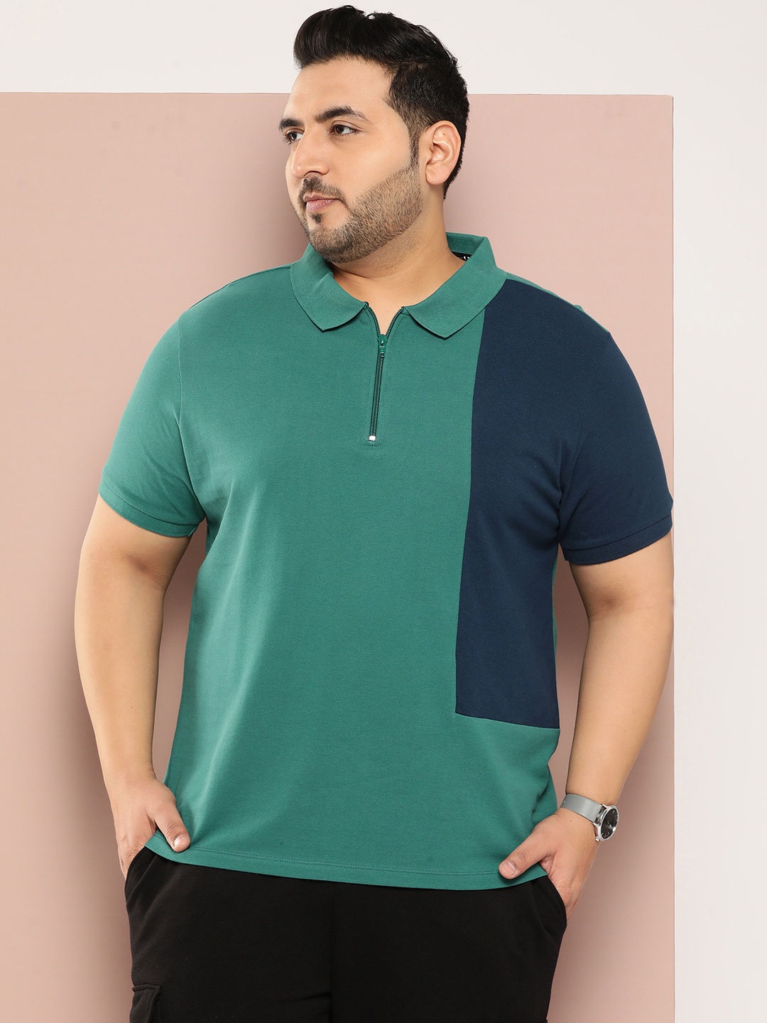 

Sztori Men Plus Size Colourblocked Polo Collar T-shirt, Green