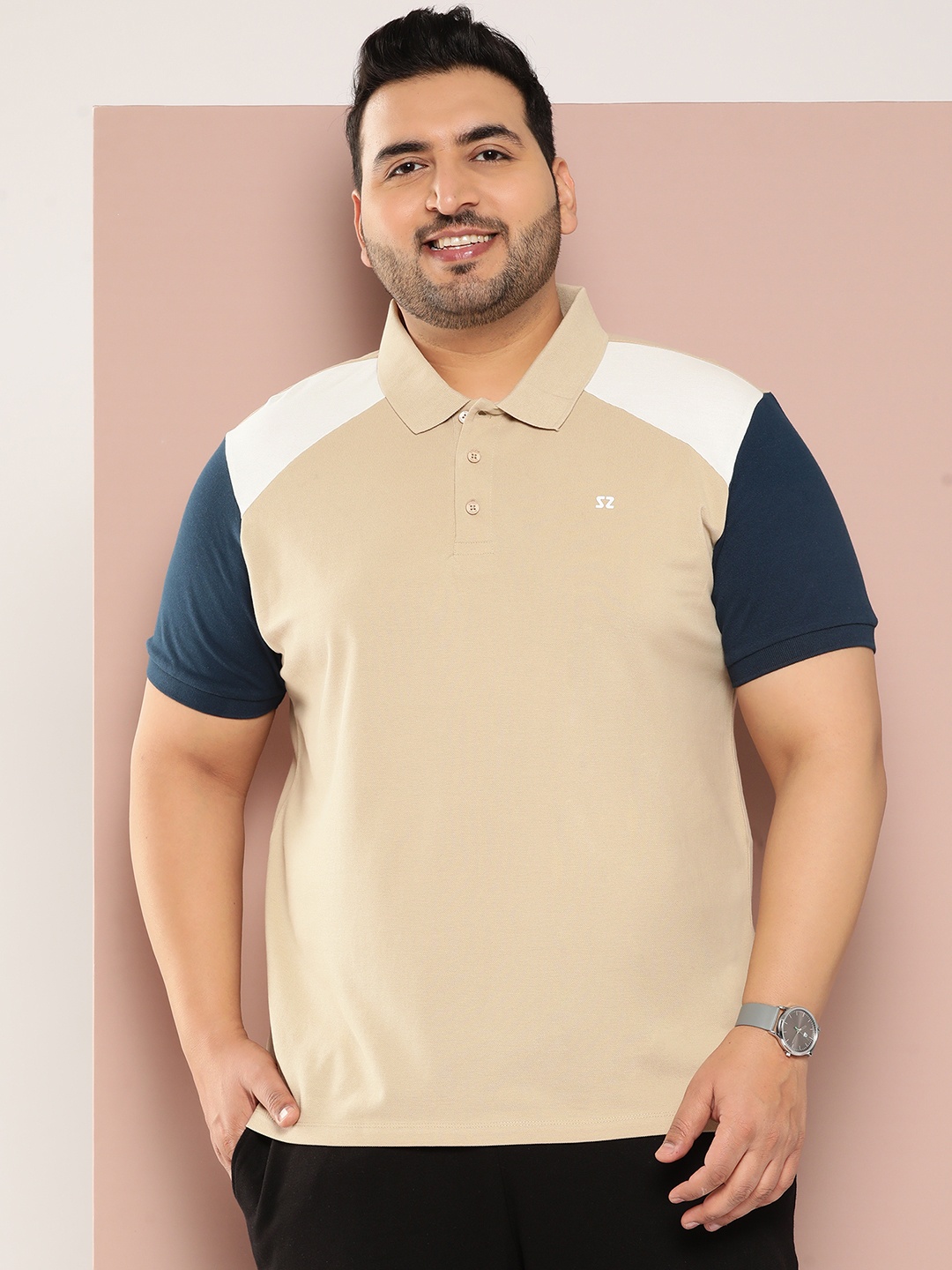 

Sztori Men Plus Size Colourblocked Polo Collar T-shirt, Beige