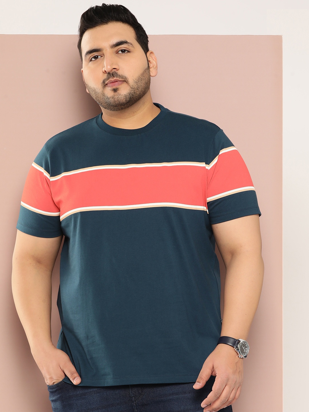 

Sztori Men Plus Size Striped Pure Cotton T-shirt, Teal