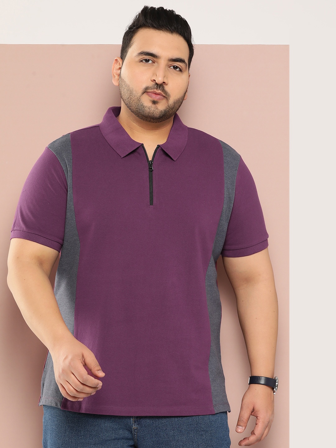 

Sztori Men Plus Size Colourblocked Polo Collar Pure Cotton T-shirt, Purple