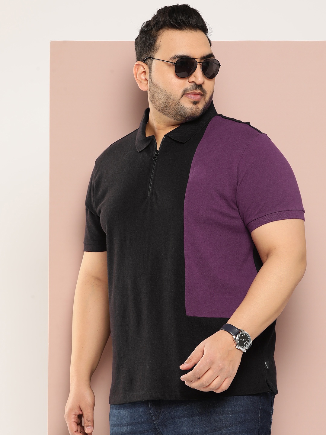 

Sztori Men Plus Size Colourblocked Polo Collar Pure Cotton T-shirt, Black