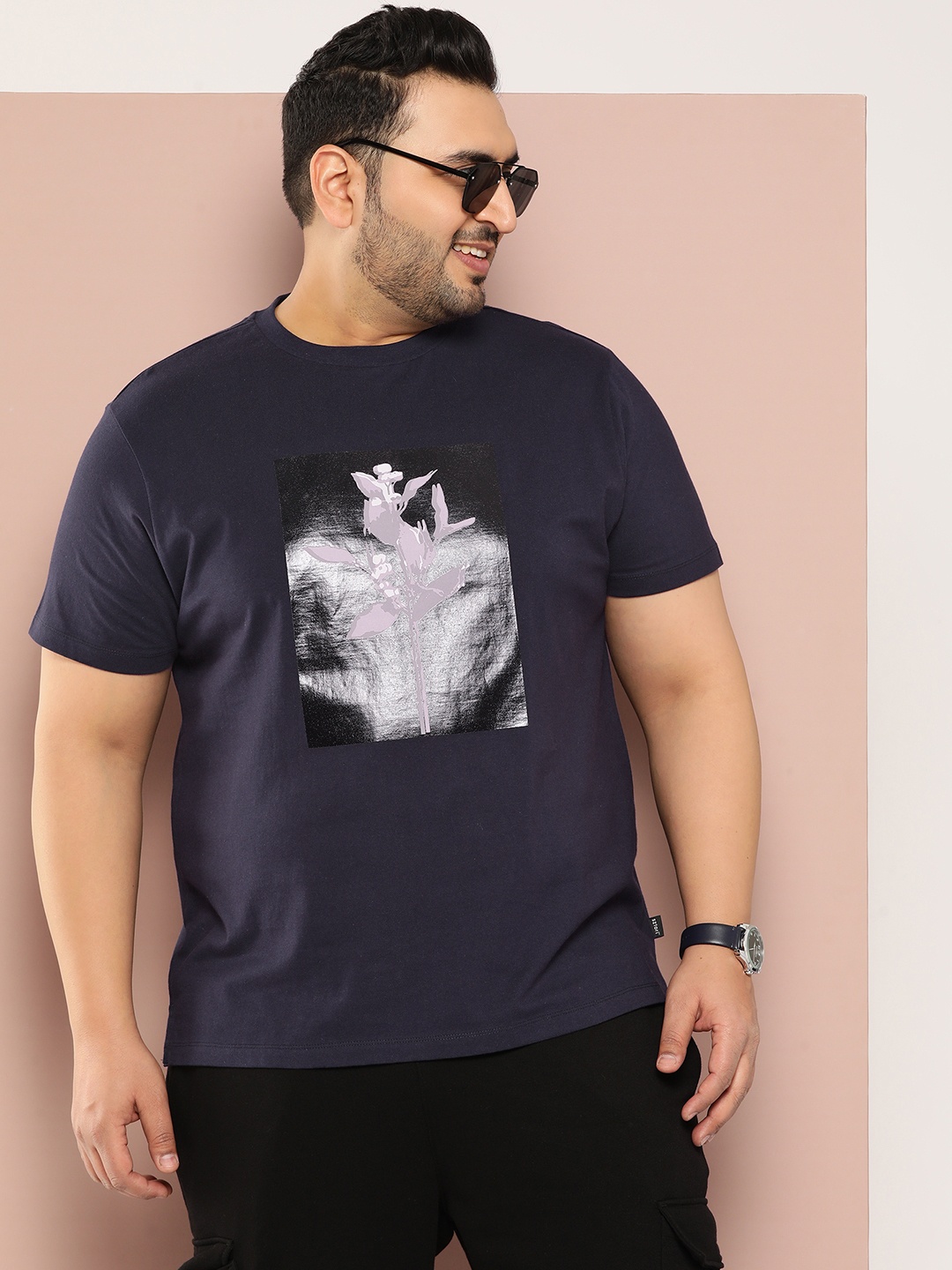 

Sztori Men Plus Size Printed Pure Cotton T-shirt, Navy blue