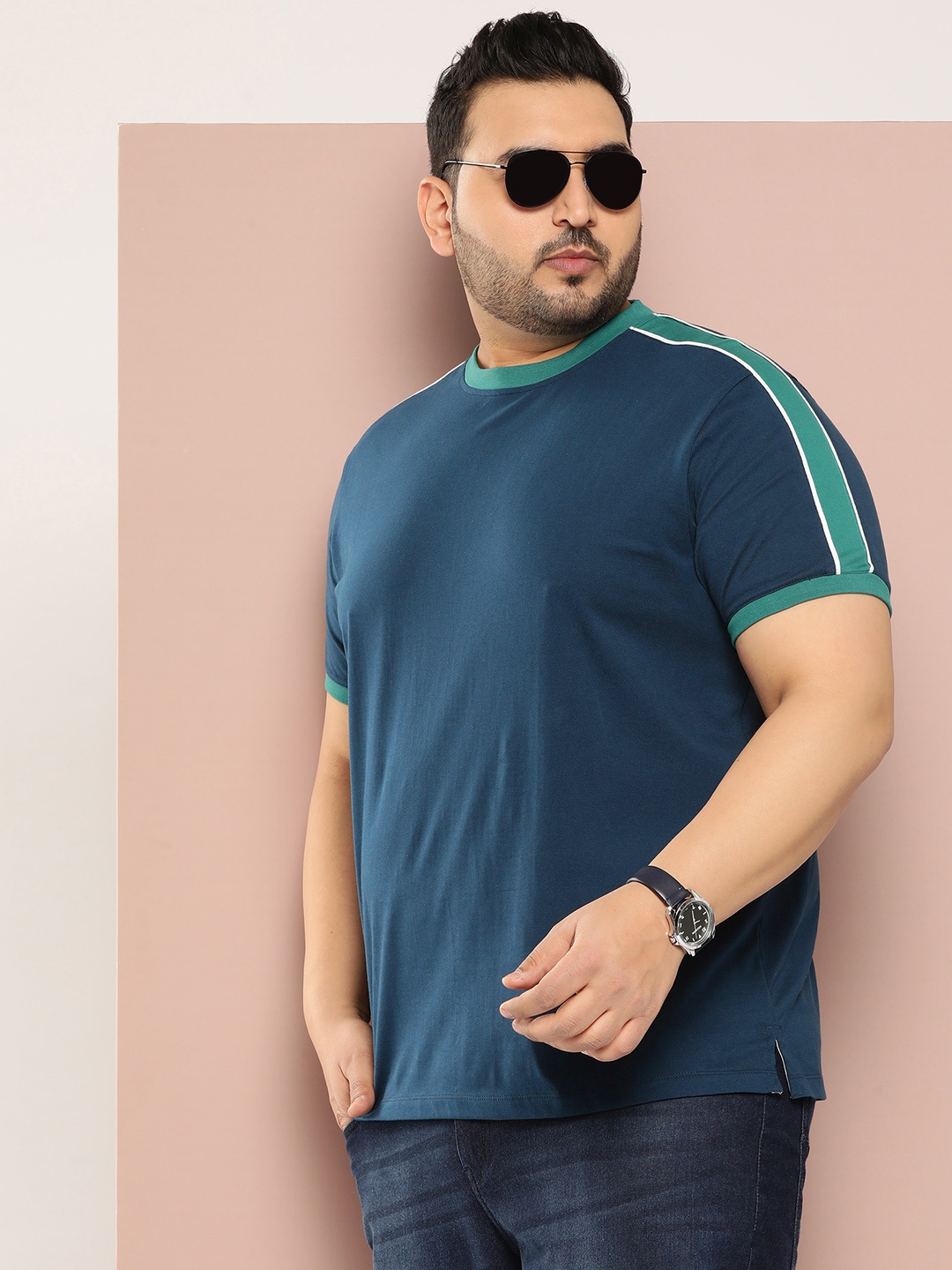 

Sztori Men Plus Size Striped Pure Cotton T-shirt, Navy blue