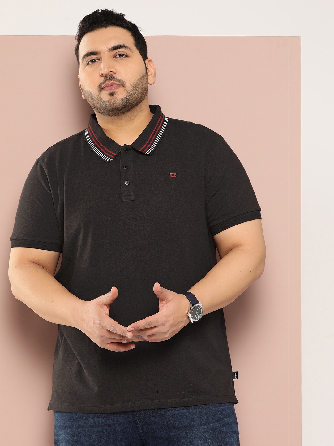 

Sztori Men Plus Size Polo Collar Pure Cotton T-shirt, Black