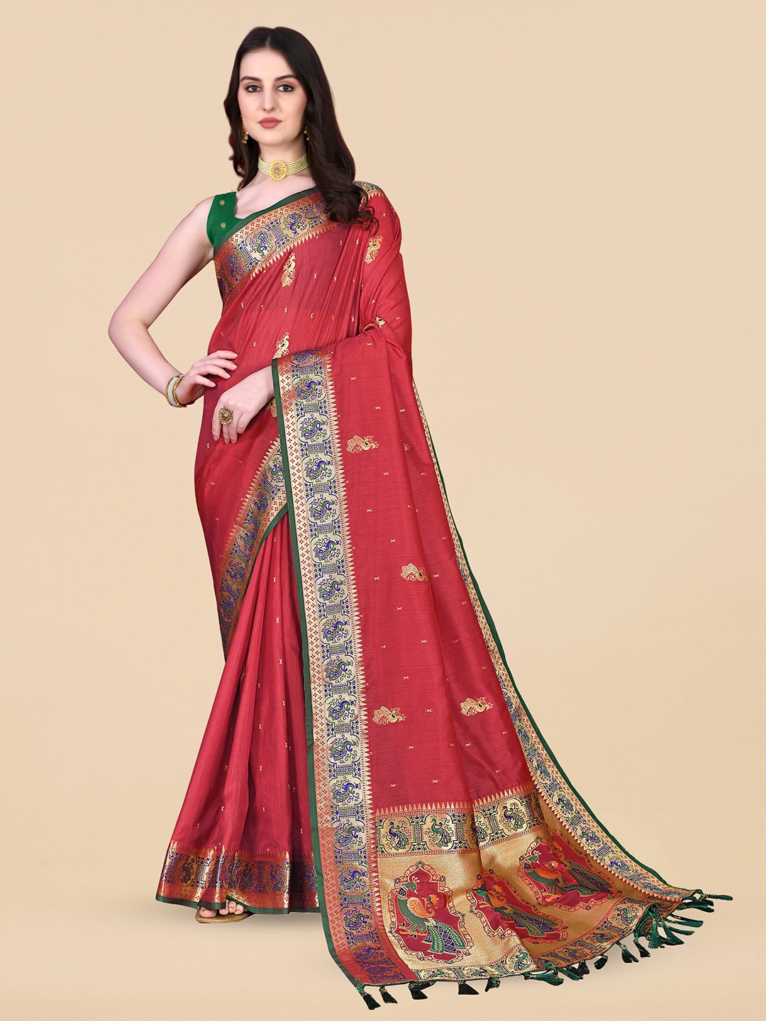 

ZIBLON Ethnic Motifs Woven Designed Zari Kanjeevaram Saree, Maroon