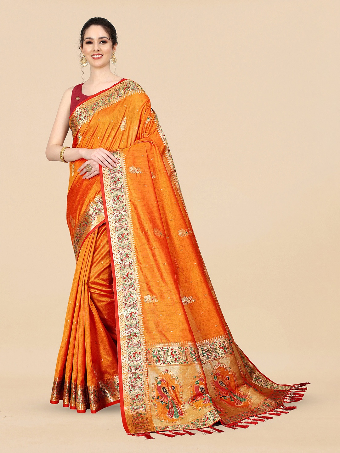 

ZIBLON Ethnic Motifs Woven Designed Zari Kanjeevaram Saree, Orange