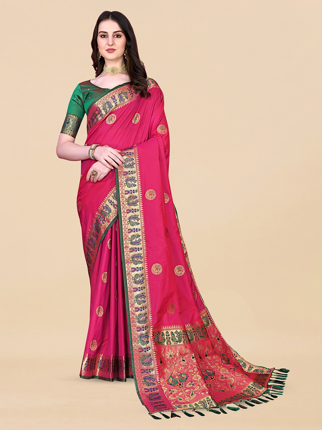 

ZIBLON Ethnic Motifs Woven Designed Zari Kanjeevaram Saree, Pink