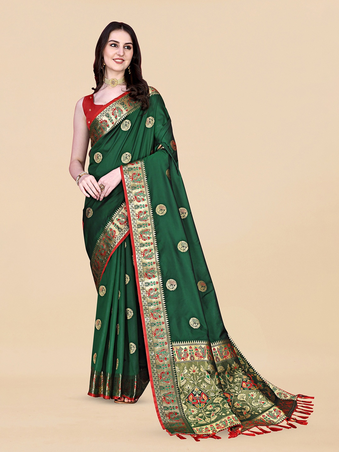 

ZIBLON Ethnic Motifs Woven Design Kanjeevaram Saree, Green