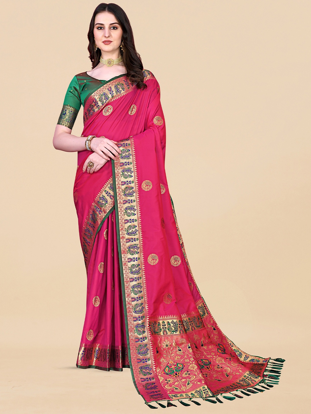 

ZIBLON Ethnic Motifs Woven Design Kanjeevaram Saree, Pink