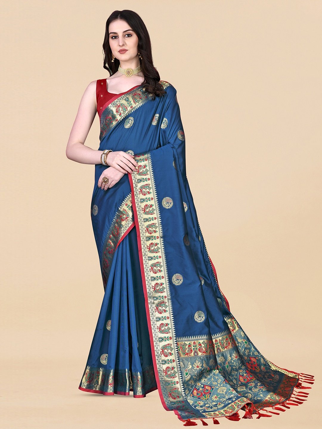 

ZIBLON Ethnic Motifs Woven Design Art Silk Kanjeevaram Saree, Blue