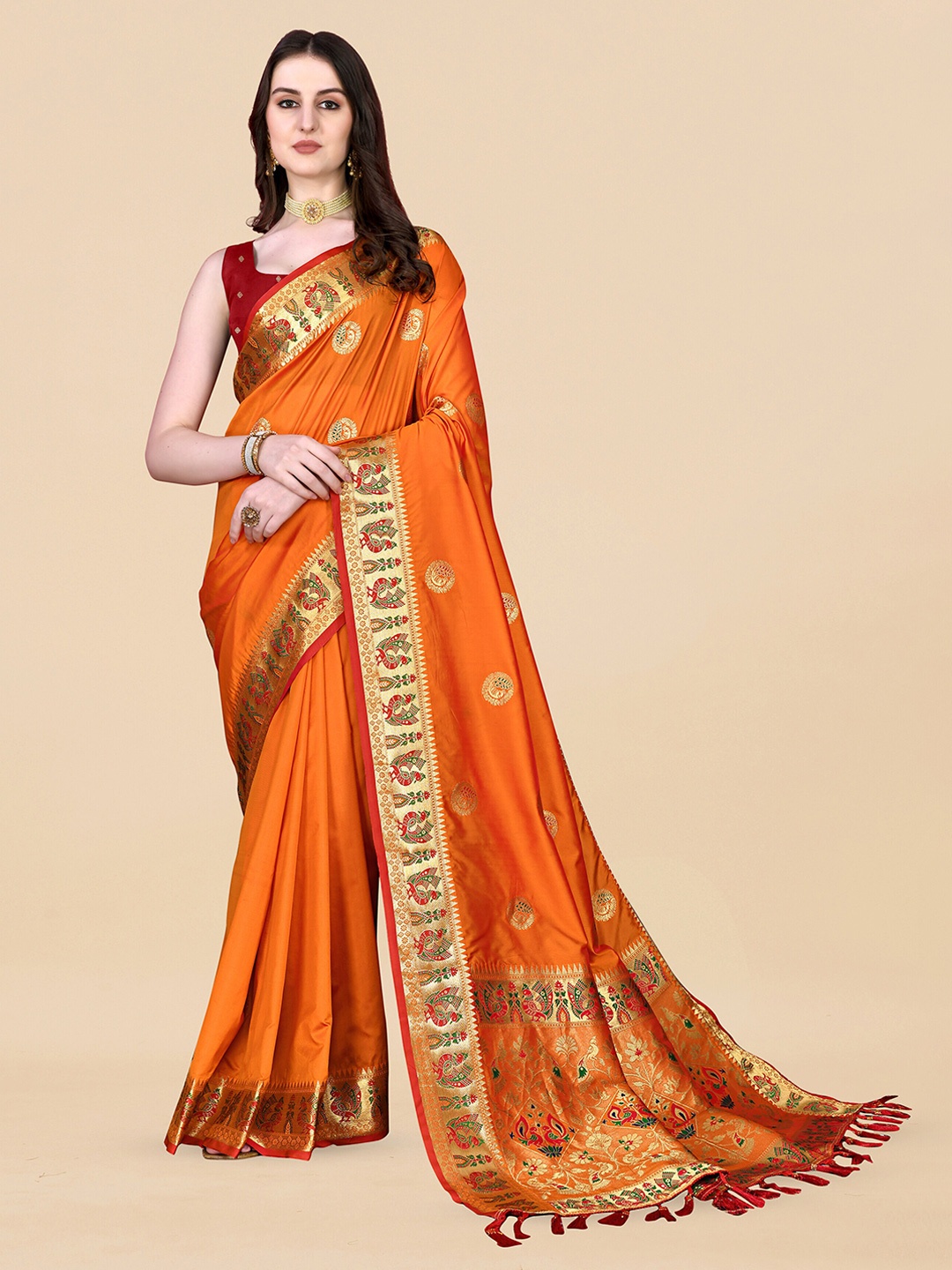 

ZIBLON Ethnic Motifs Woven Design Art Silk Kanjeevaram Saree, Orange