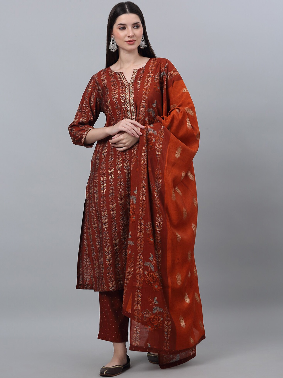 

Cantabil Floral Printed Regular Thread work Kurta With Palazzos & Dupatta, Rust