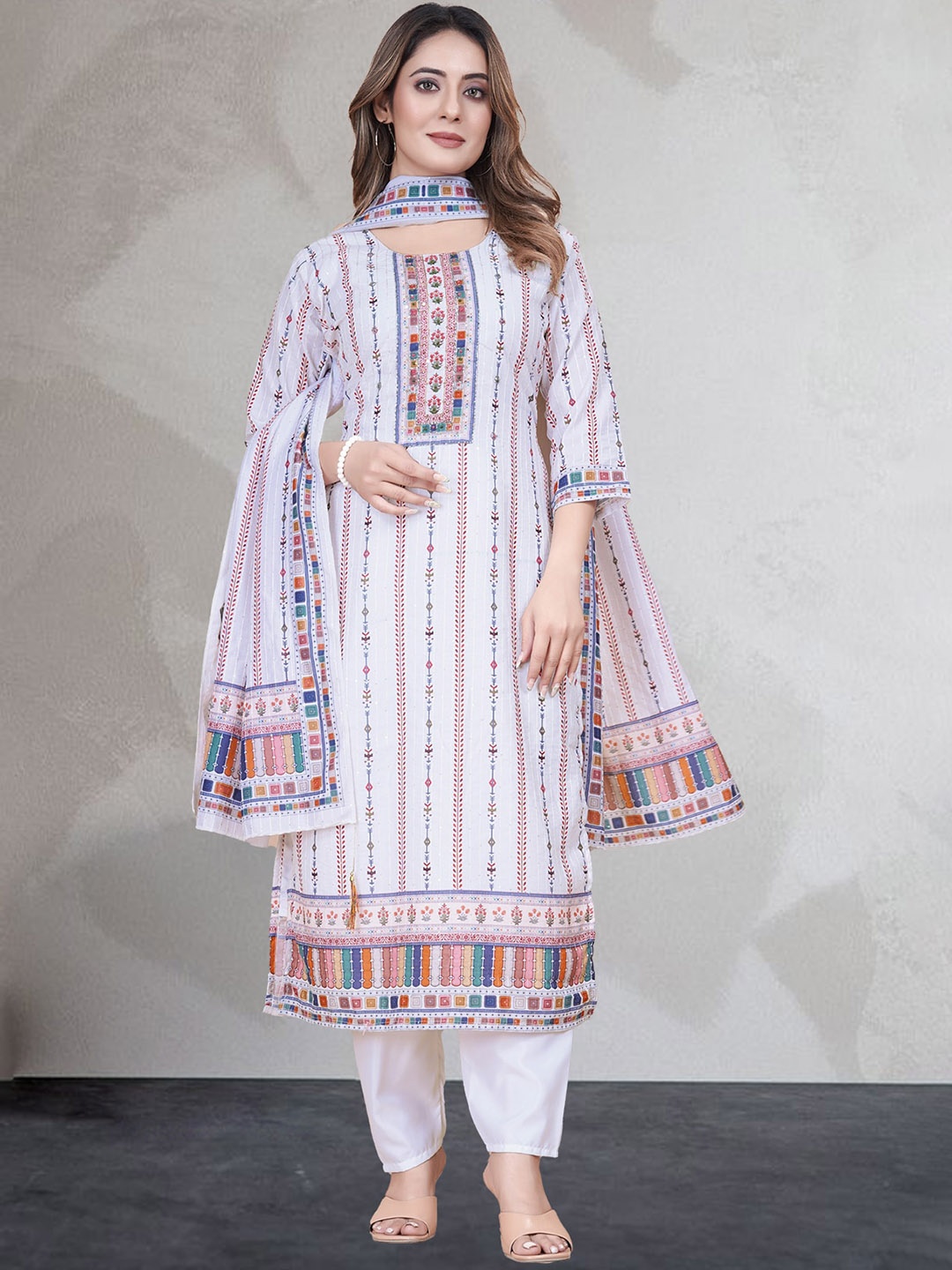 

N N ENTERPRISE Striped Sequinned Pure Cotton Kurta & Trousers With Dupatta, Off white