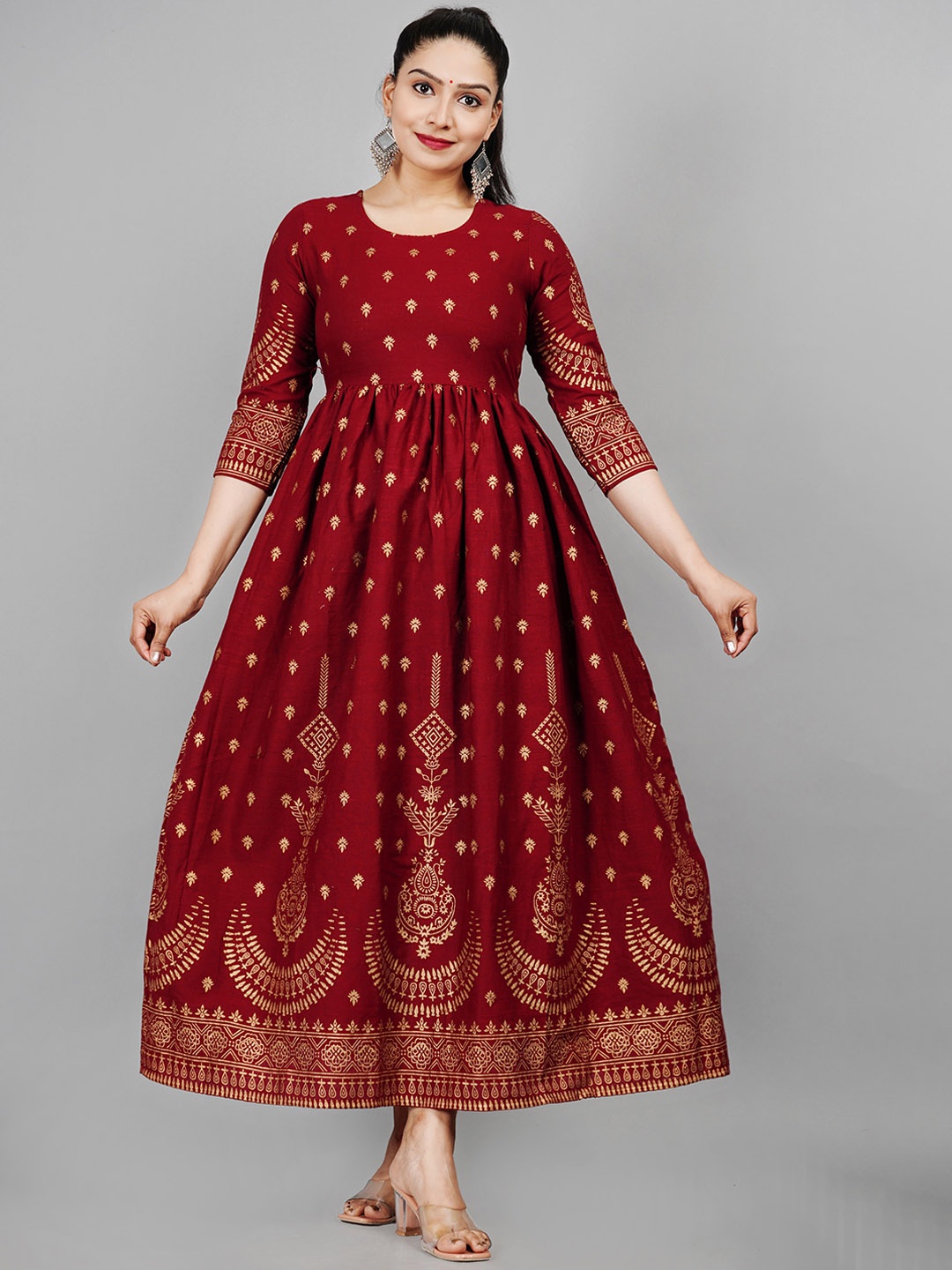 

AAYUMI Ethnic Motifs Printed Anarkali Pure Cotton Fit and Flare Midi Ethnic Dress, Maroon