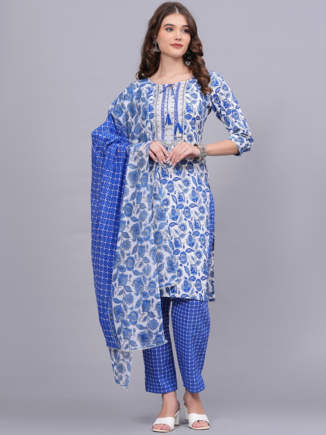 

JC4U Floral Printed Regular Mirror Work Pure Cotton Kurta With Trousers & Dupatta, Blue