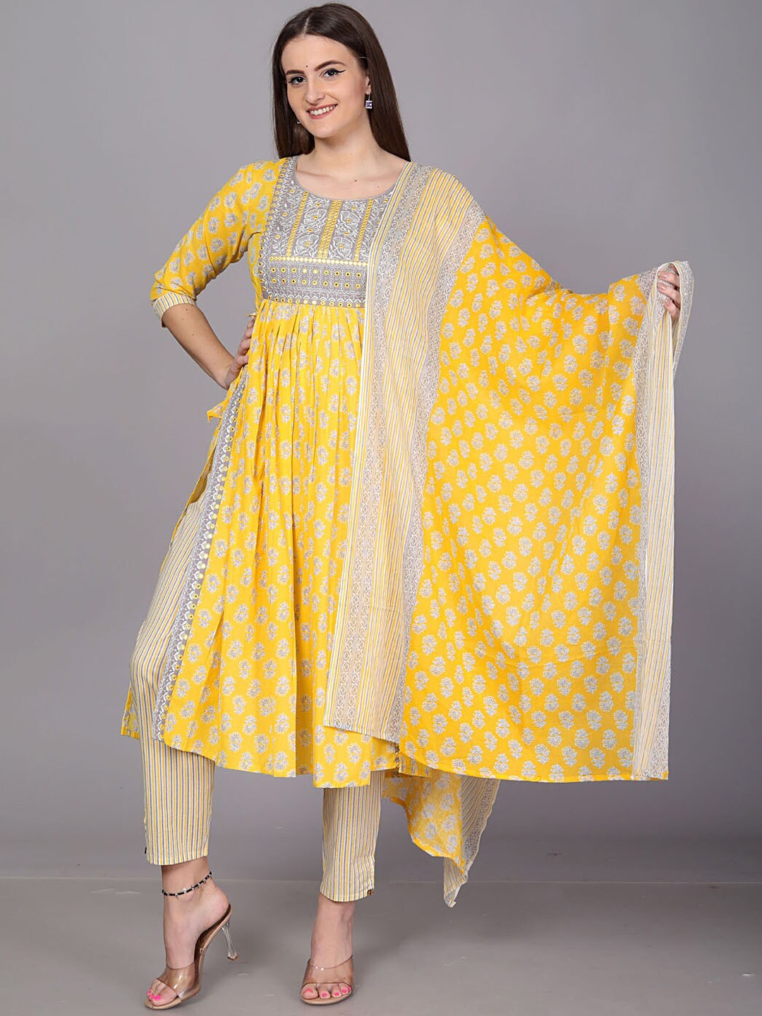 

JC4U Floral Printed Mirror Work Pure Cotton Anarkali Kurta With Trousers & Dupatta, Yellow