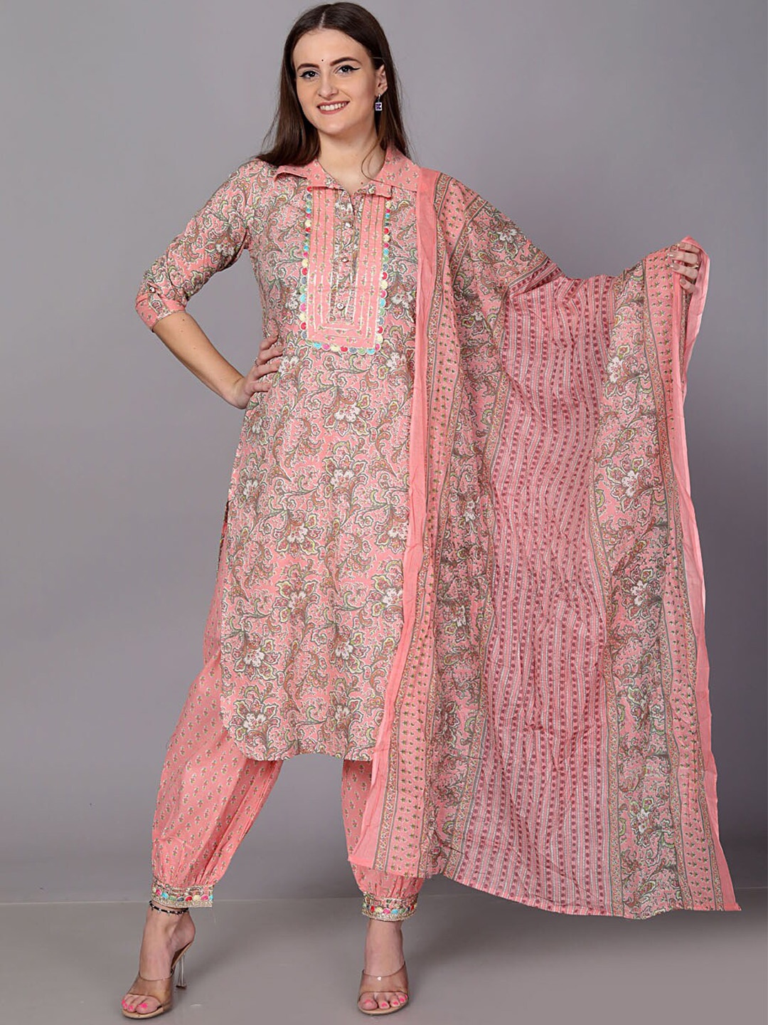 

JC4U Floral Printed Thread Work Pure Cotton Kurta With Trousers & Dupatta, Pink