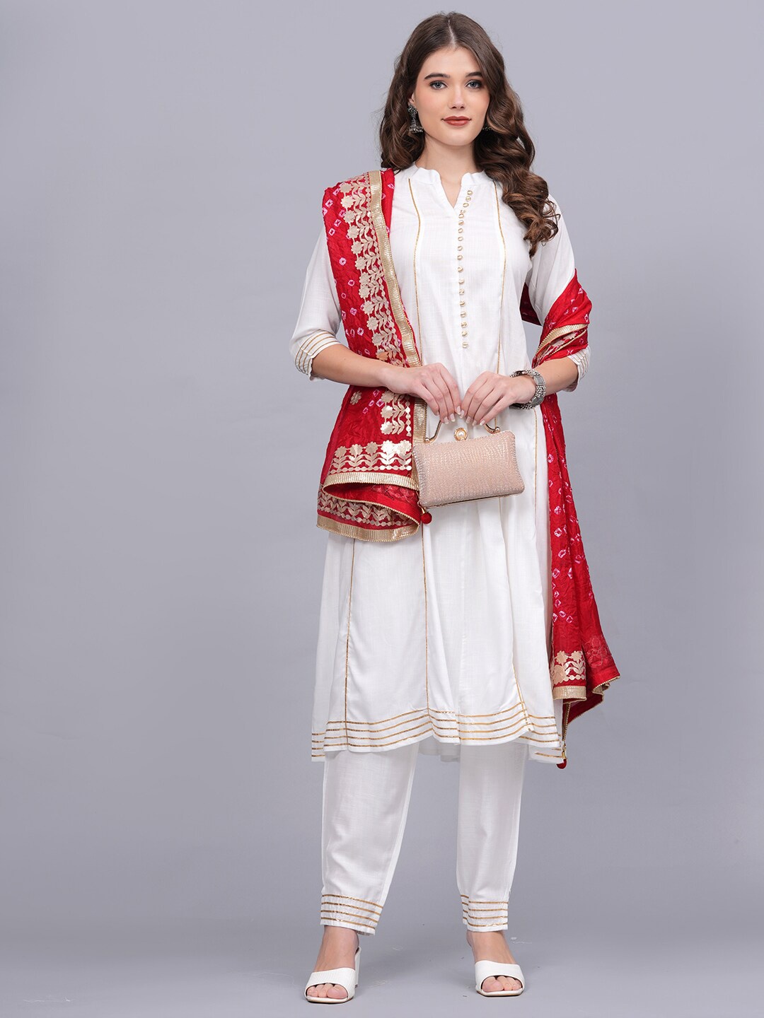 

JC4U Gotta Patti Anarkali Kurta With Trousers & Dupatta, White