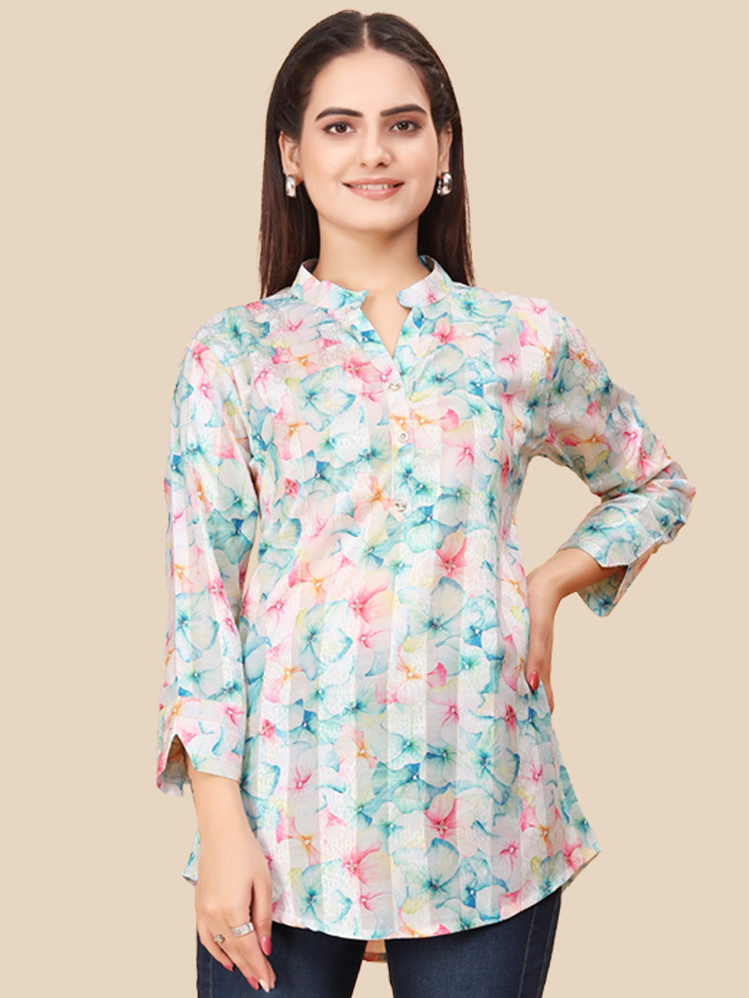 

N N ENTERPRISE Floral Printed Pure Cotton Tunic, Blue