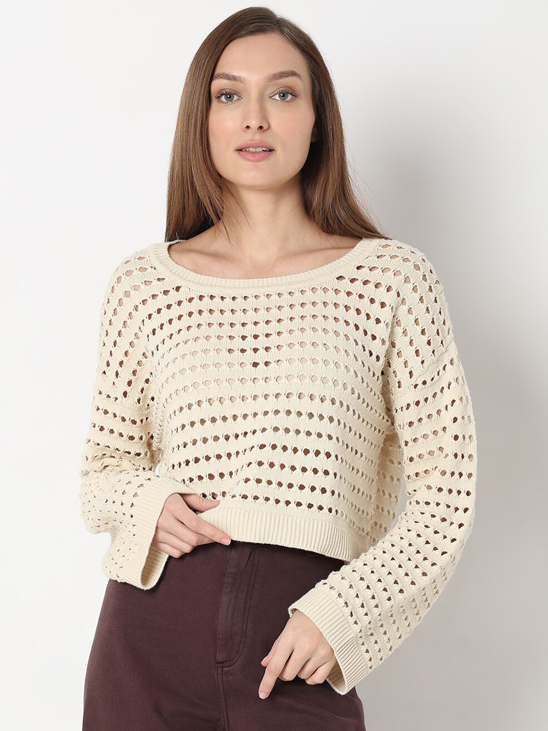 

Vero Moda Self Design Long Sleeves Pure Cotton Top, Beige