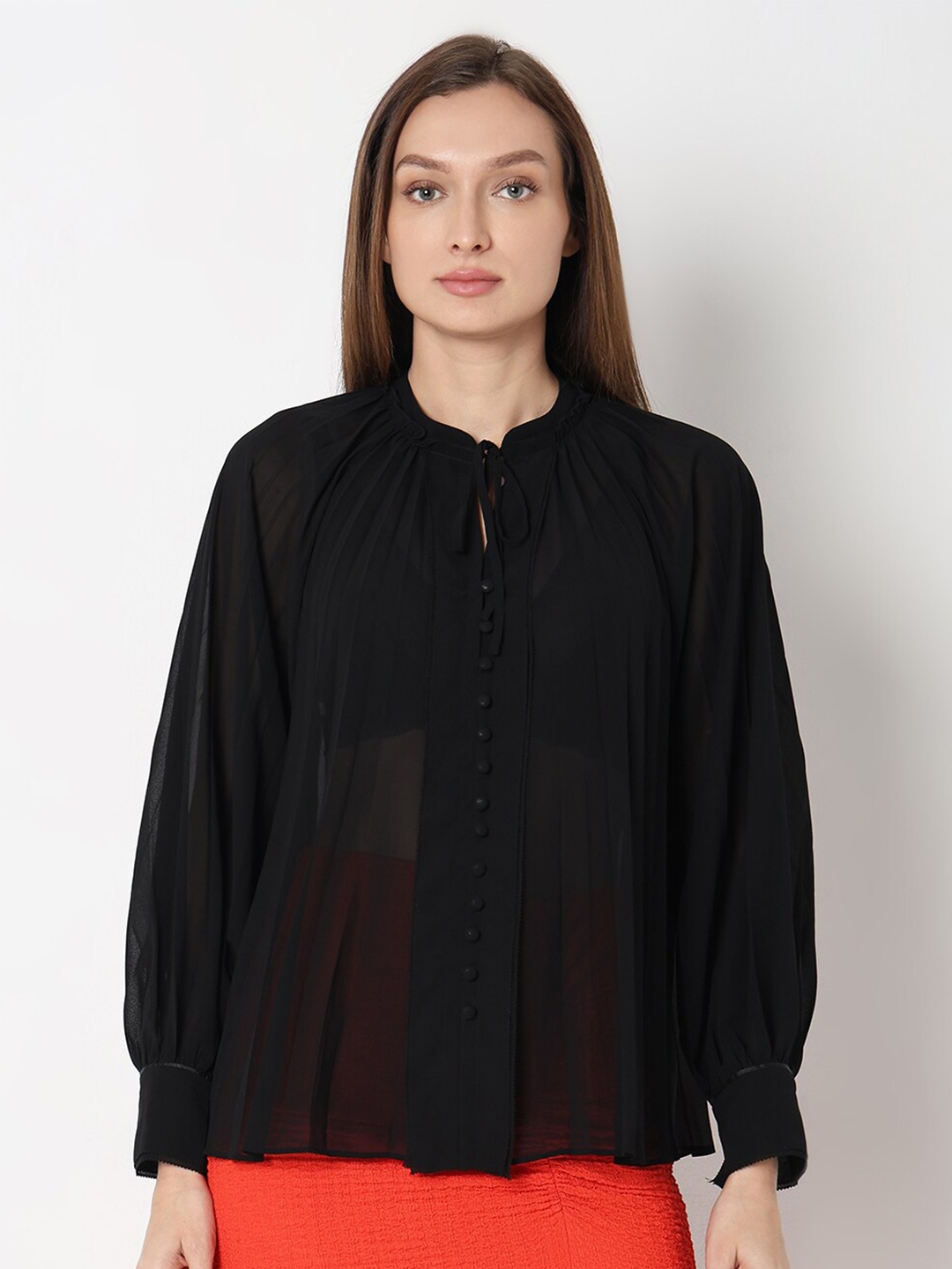 

Vero Moda Tie-Up Neck Semi Sheer Shirt Style Top, Black
