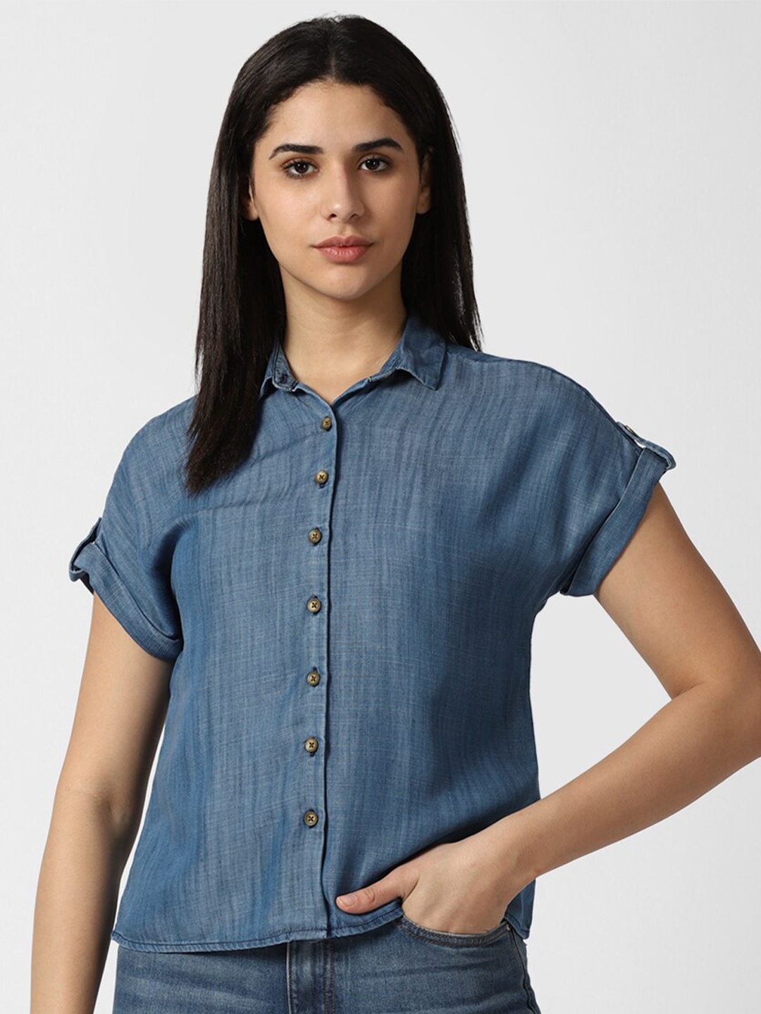 

Van Heusen Woman Shirt Collar Extended Sleeves Shirt Style Top, Blue