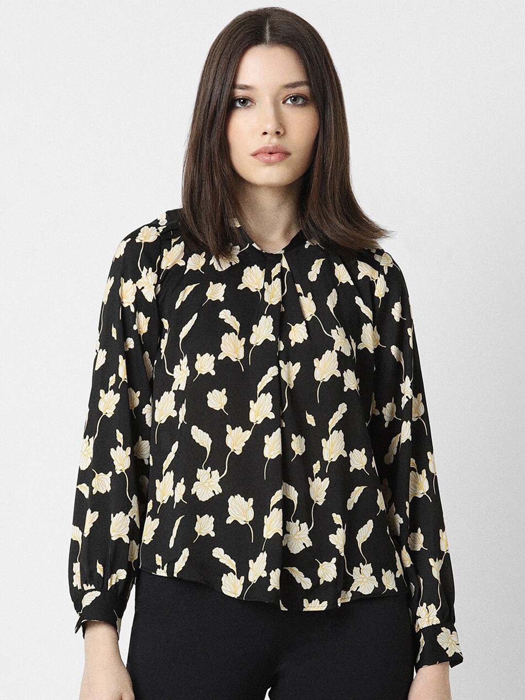 

Van Heusen Woman Floral Printed Cuffed Sleeves Top, Black