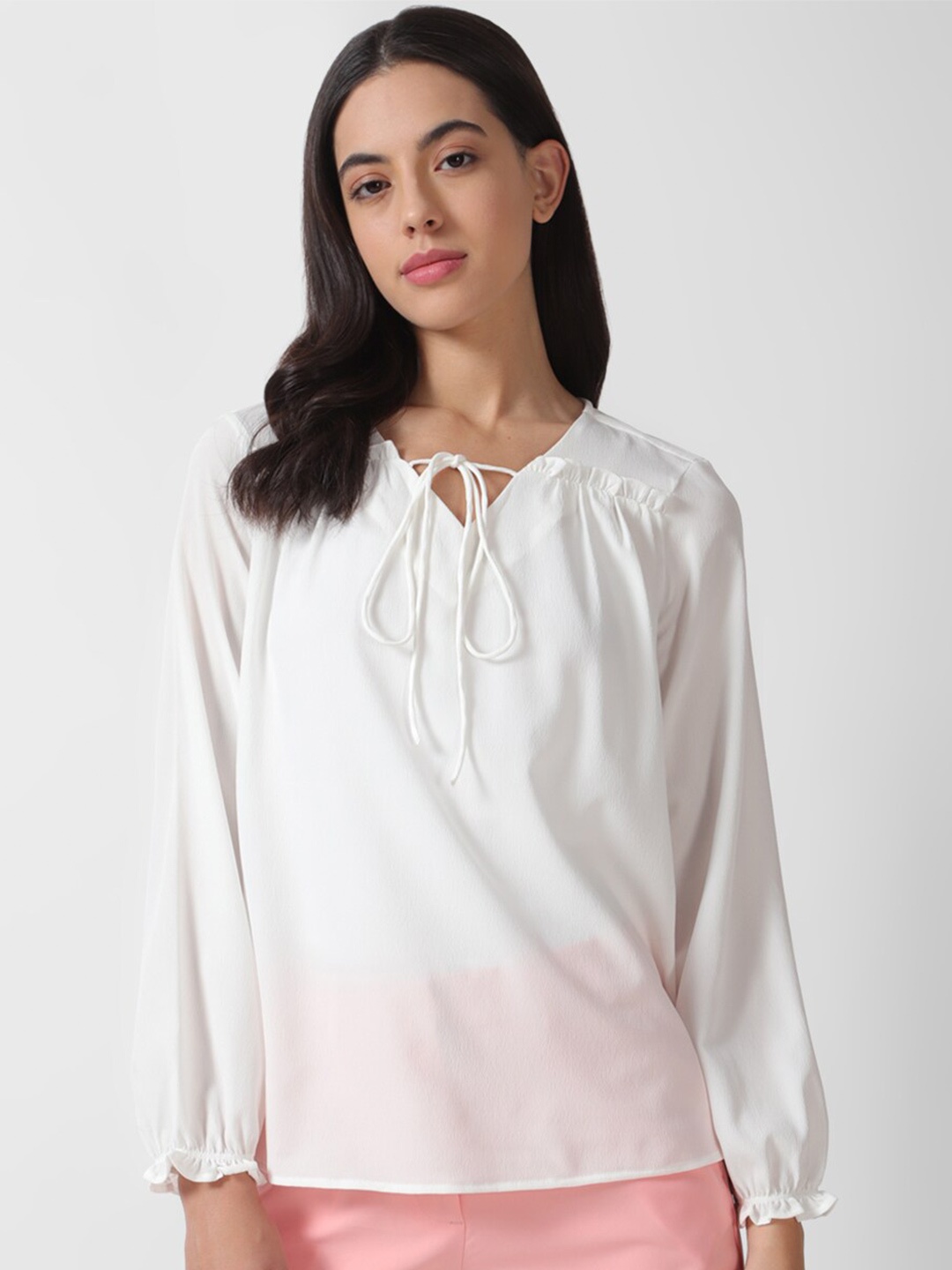

Van Heusen Woman Tie Up Neck Puff Sleeves Top, White