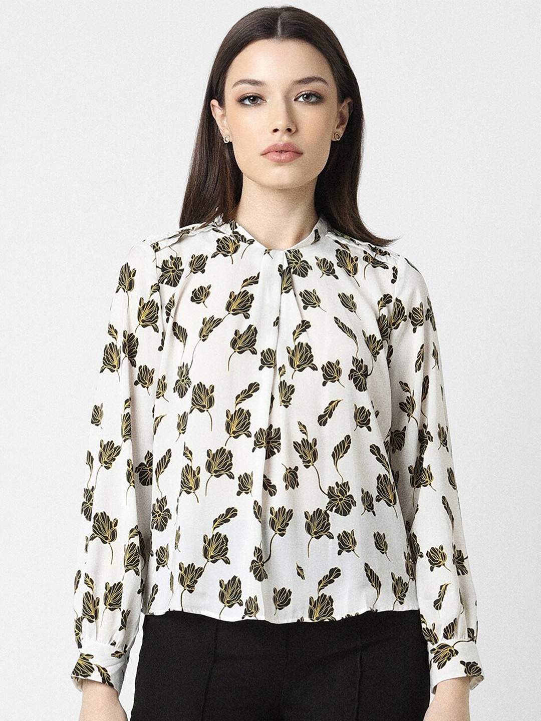 

Van Heusen Woman Floral Printed Cuffed Sleeves Pleated Top, White