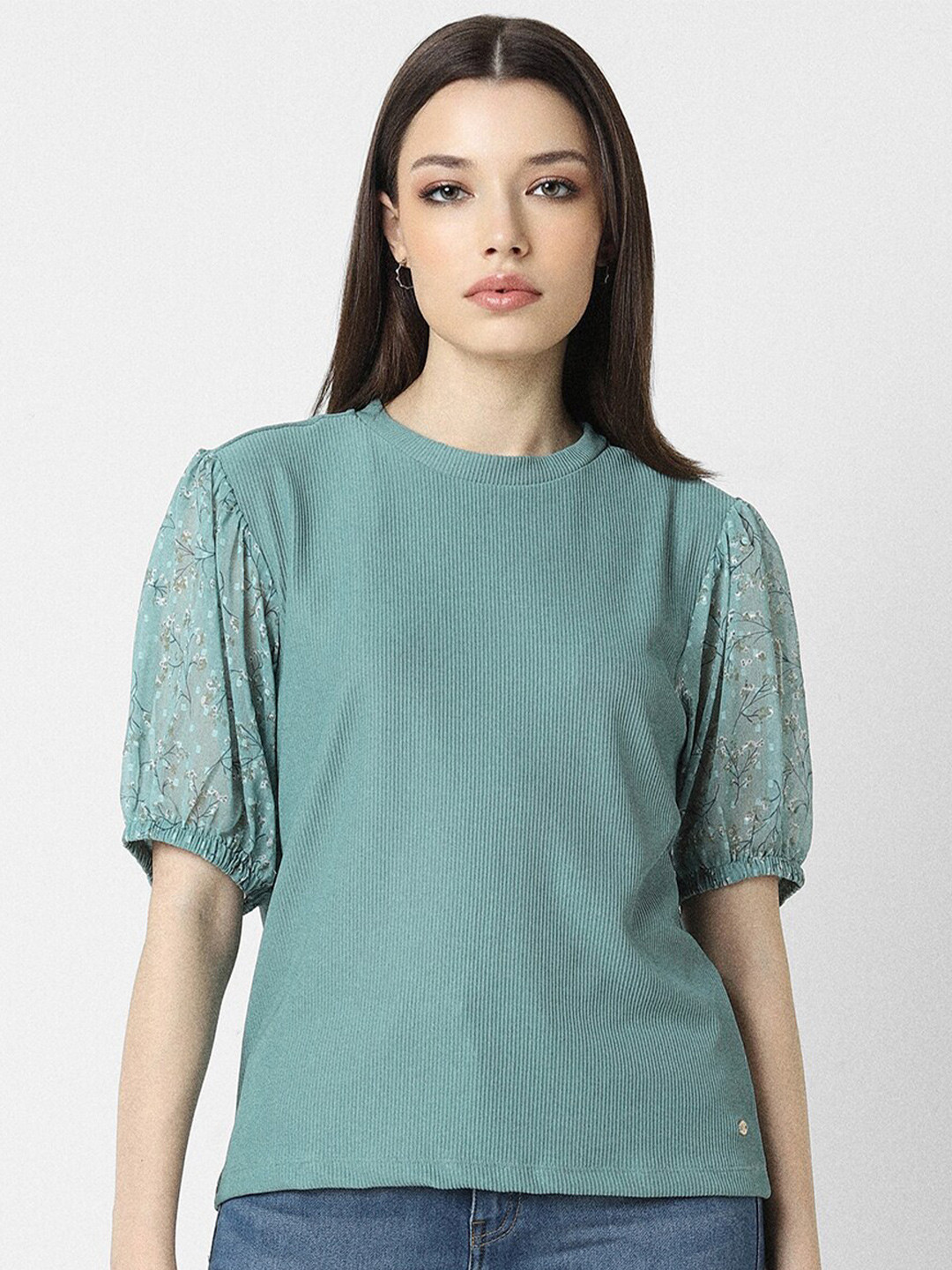 

Van Heusen Woman Round Neck Puff Sleeves Top, Green