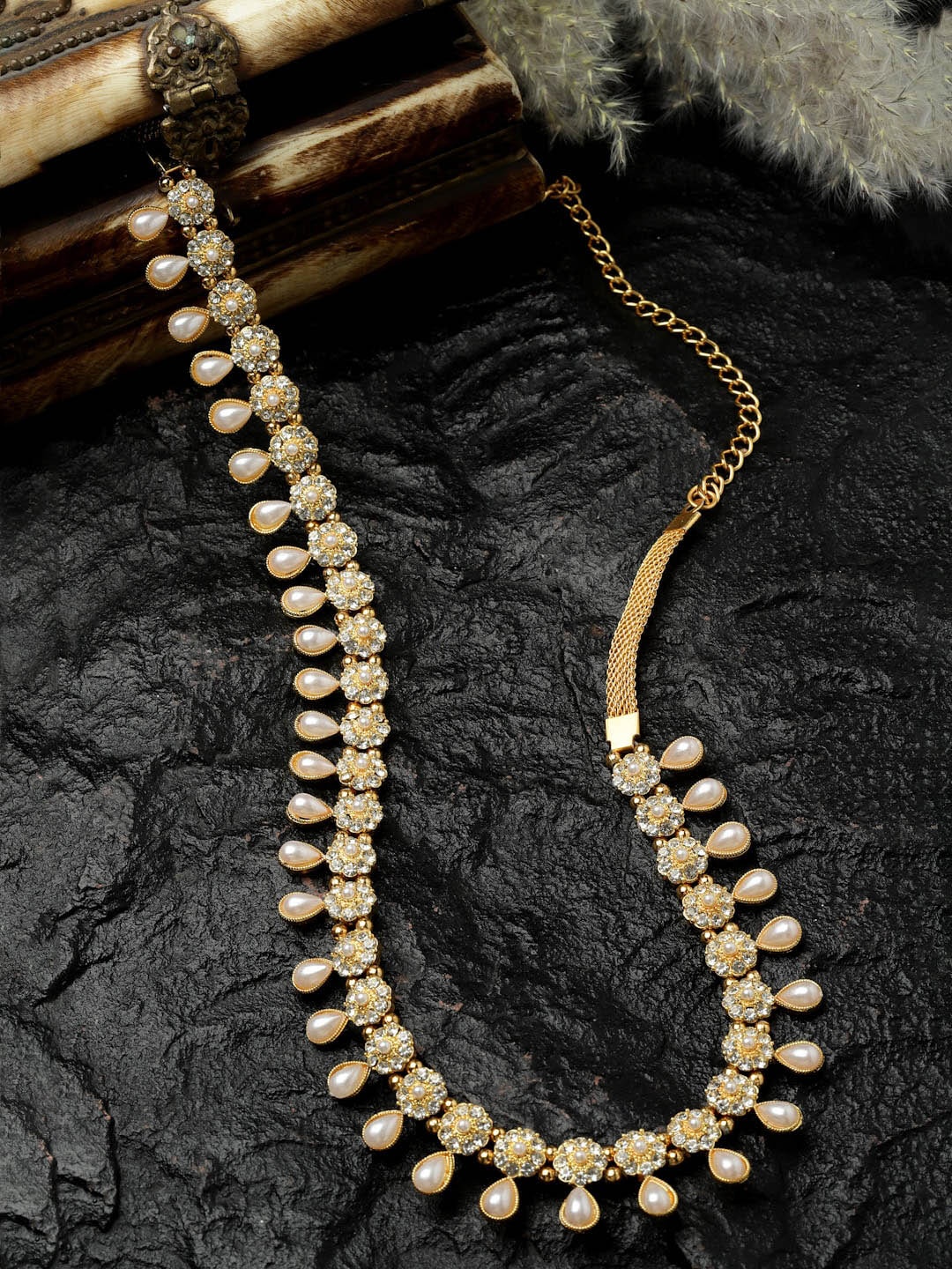 

Sanjog Gold-Plated Cubic Zirconia-Studded & Pearl Beaded Kamarbandh