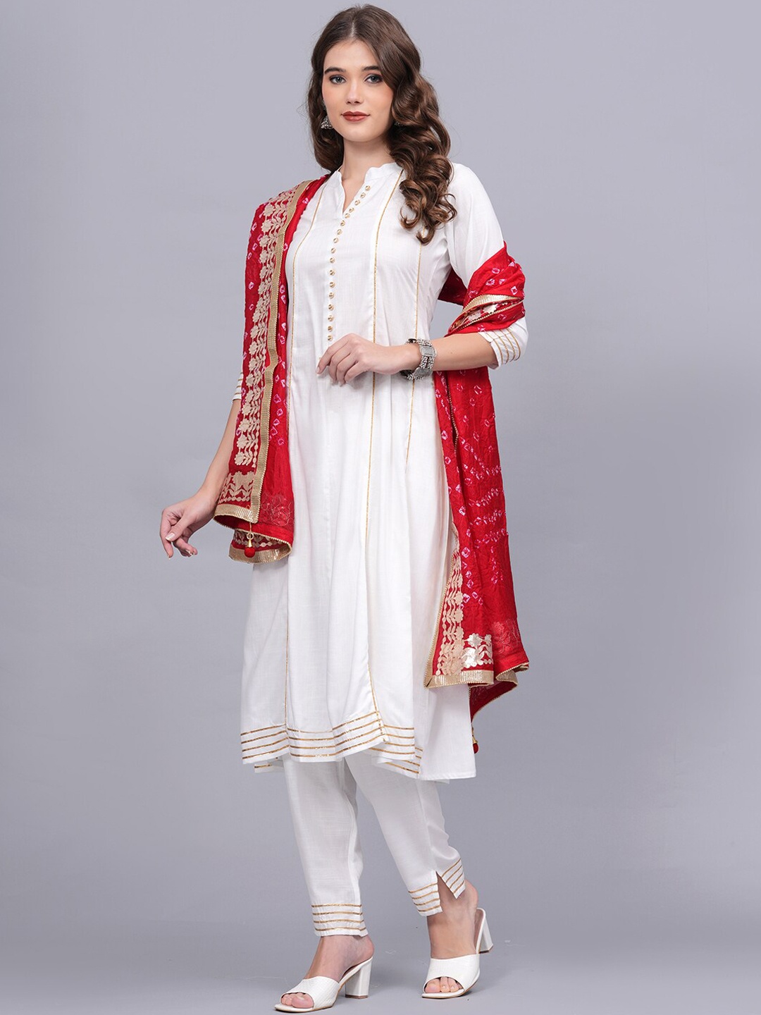 

KALINI Mandarin Collar Anarkali Kurta & Trousers With Dupatta, White