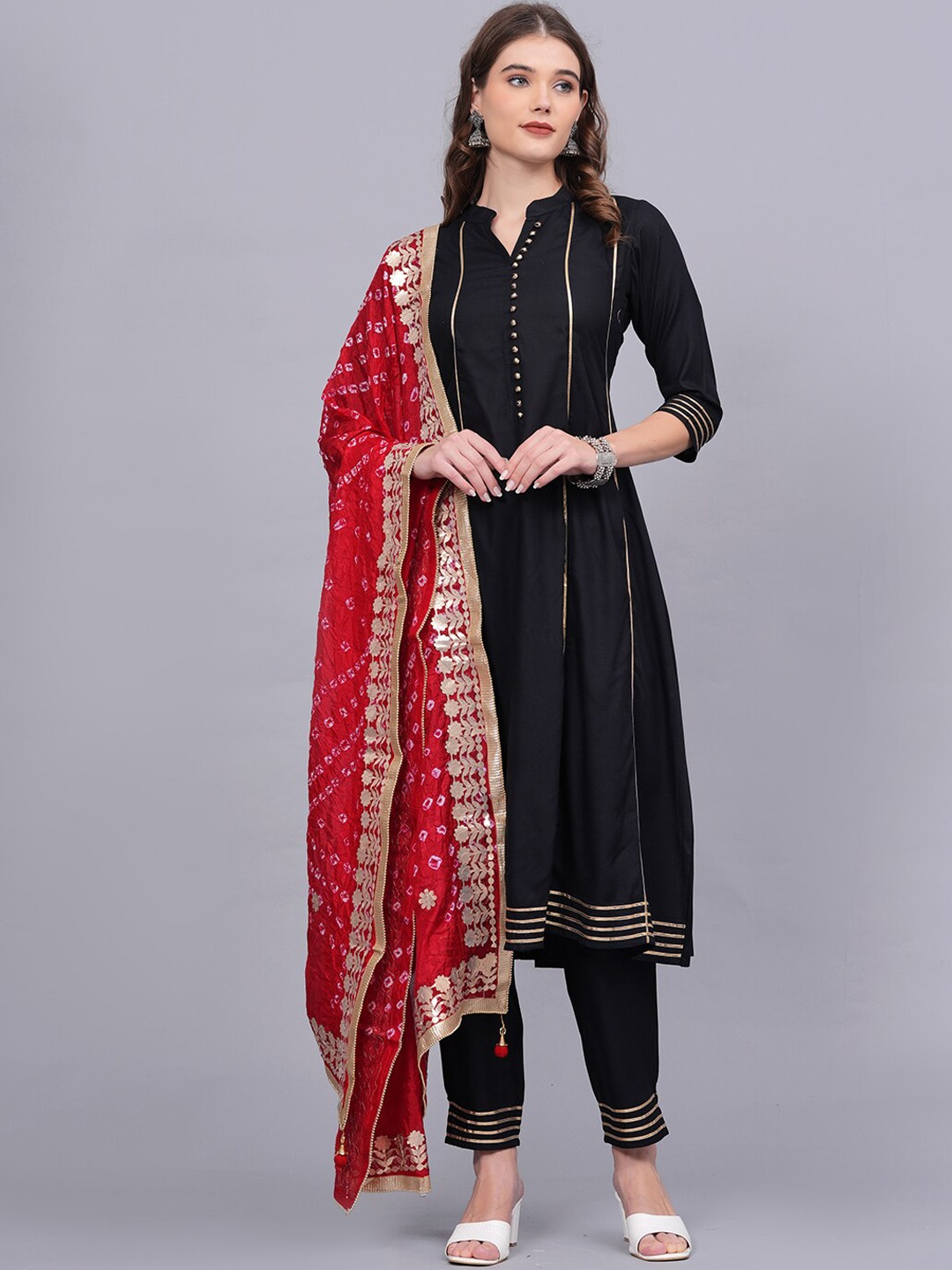 

KALINI Gotta Patti Anarkali Panelled Kurta with Trousers & Dupatta, Black